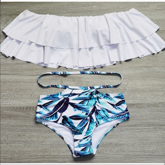 ARIEL White Ruffle Leaf Print High Waist Bikini - Picture 4 of 6